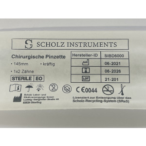 Chirurgische Pinzette, kräftig, 1x2 Zähne, 145 mm, steril